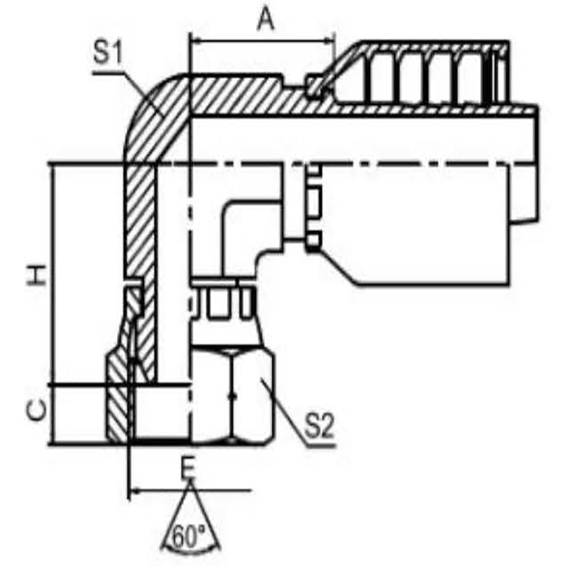 English internal thread, 60° external conical surface, dual hexagon, integral design