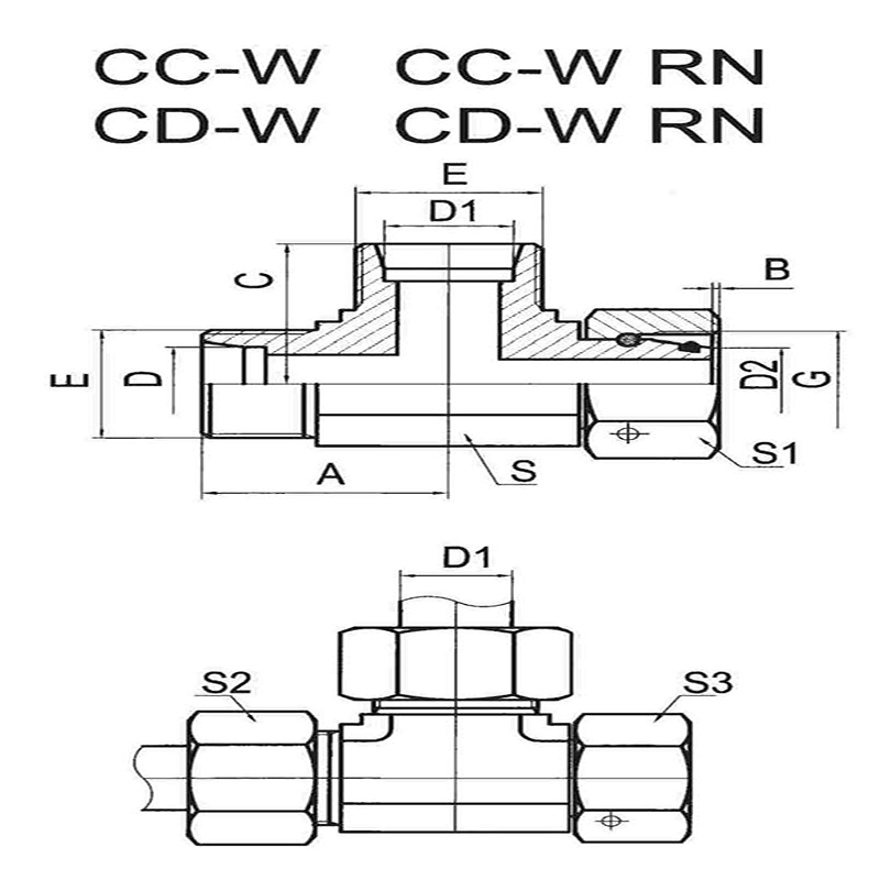 Metric 24° external thread/external thread/internal thread three-way valve